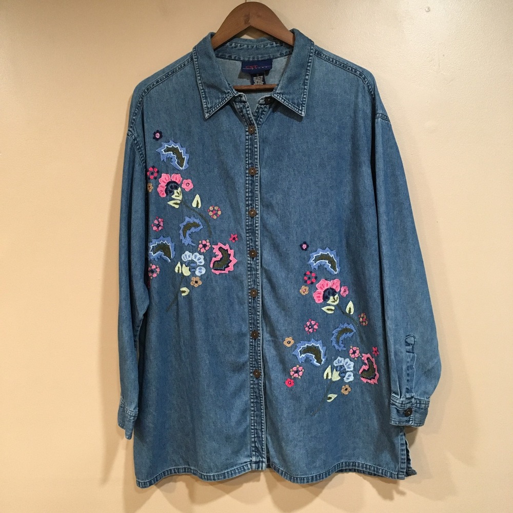 Vintage Denim Floral Embroidered Button Up Shirt Womens 1X Blue Jean Cottage 90s